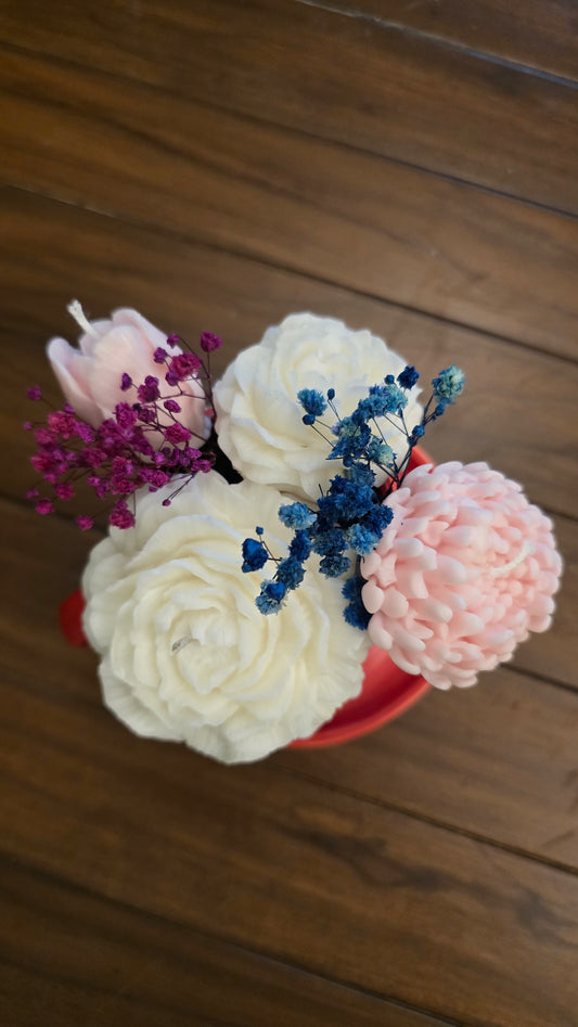 Floral Candle Bouquet in Red Heart Mug