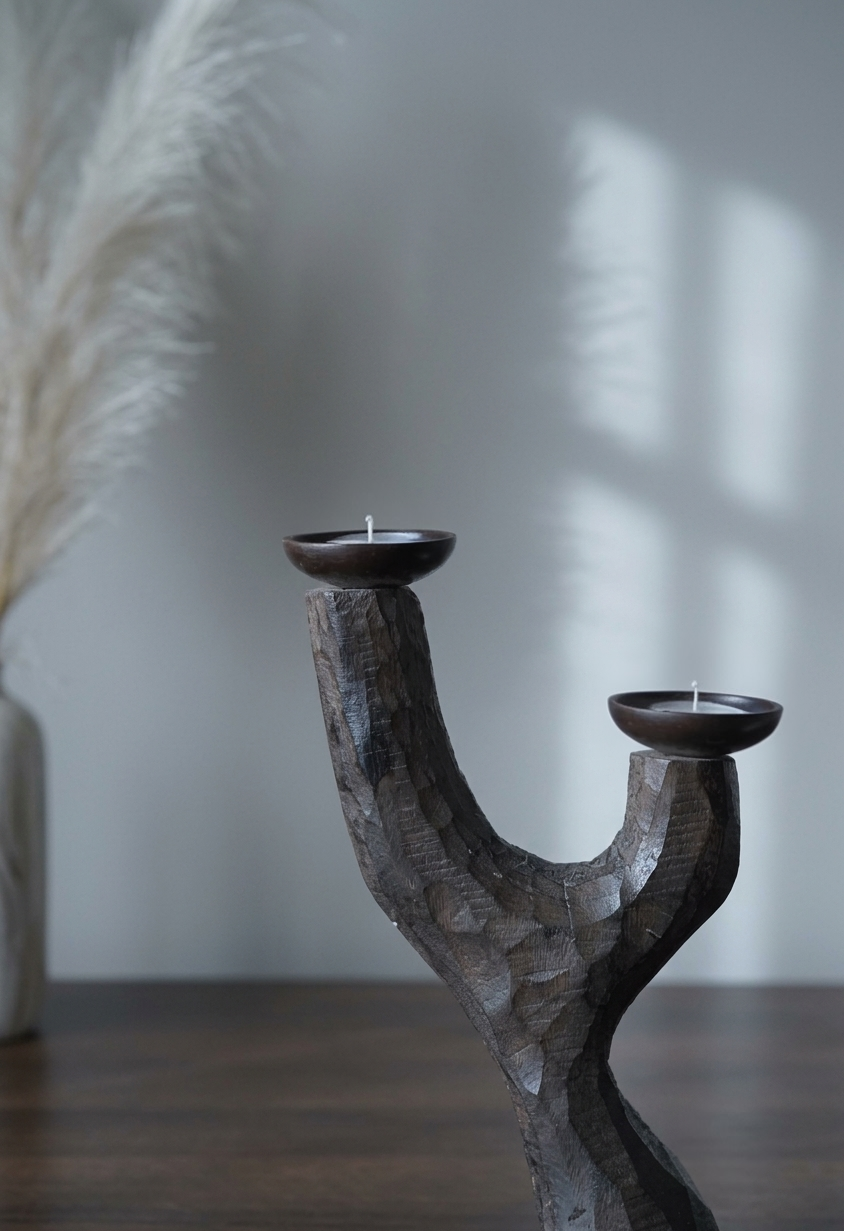 Hand-Carved Wooden Candle Stand