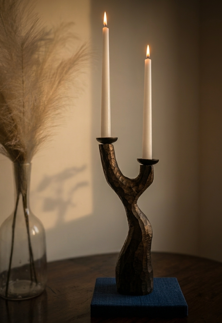 Hand-Carved Wooden Candle Stand