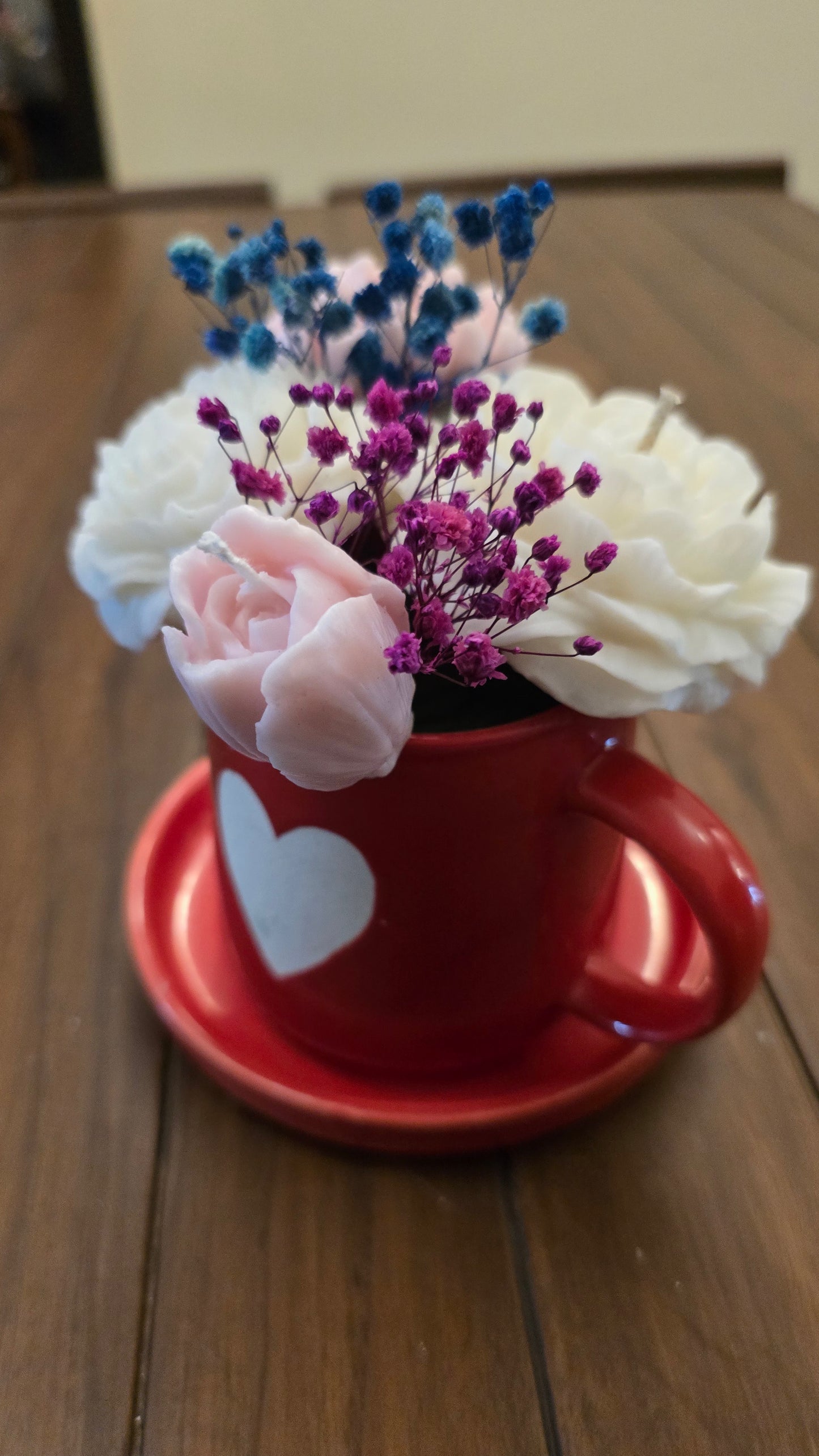 Floral Candle Bouquet in Red Heart Mug