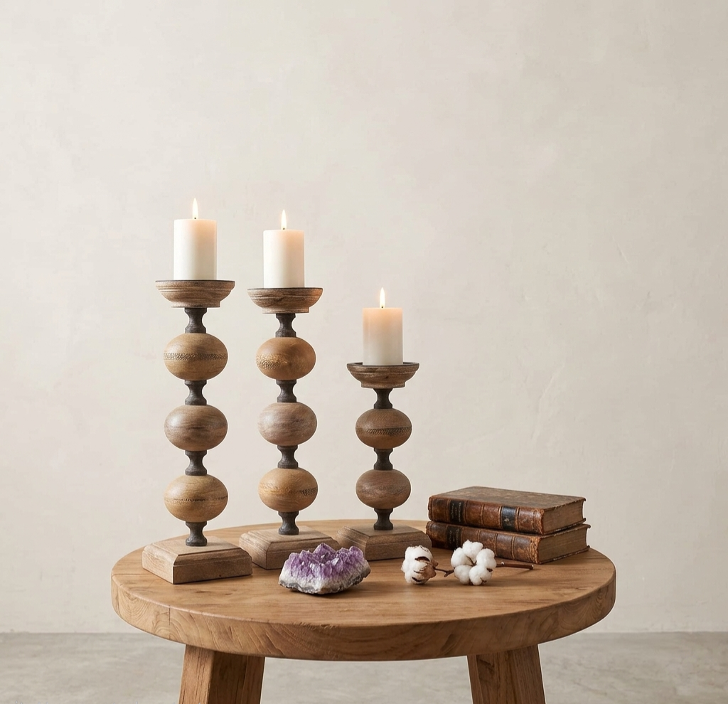 Timber Beaded Pillar Candle Stands