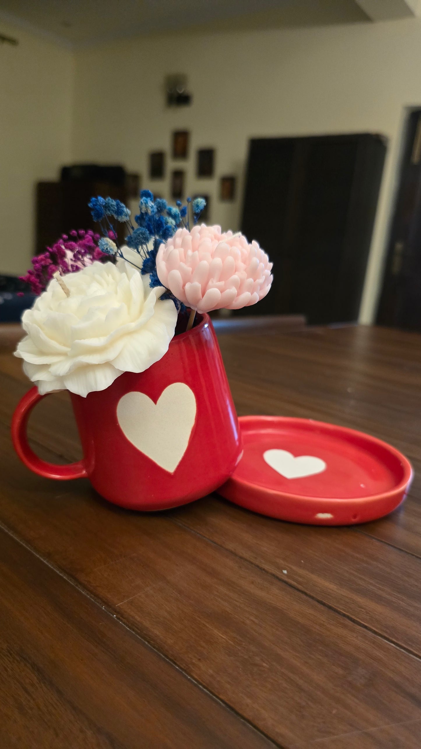Floral Candle Bouquet in Red Heart Mug