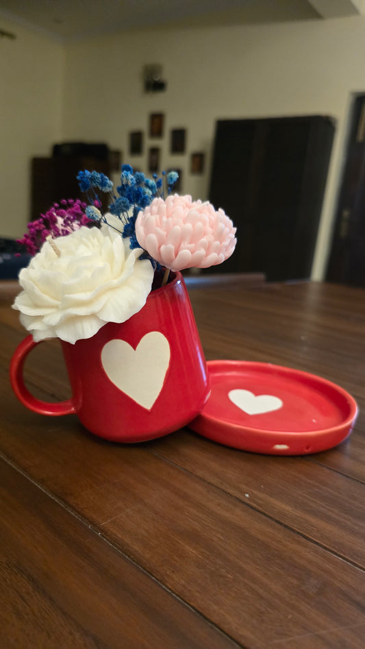Floral Candle Bouquet in Red Heart Mug