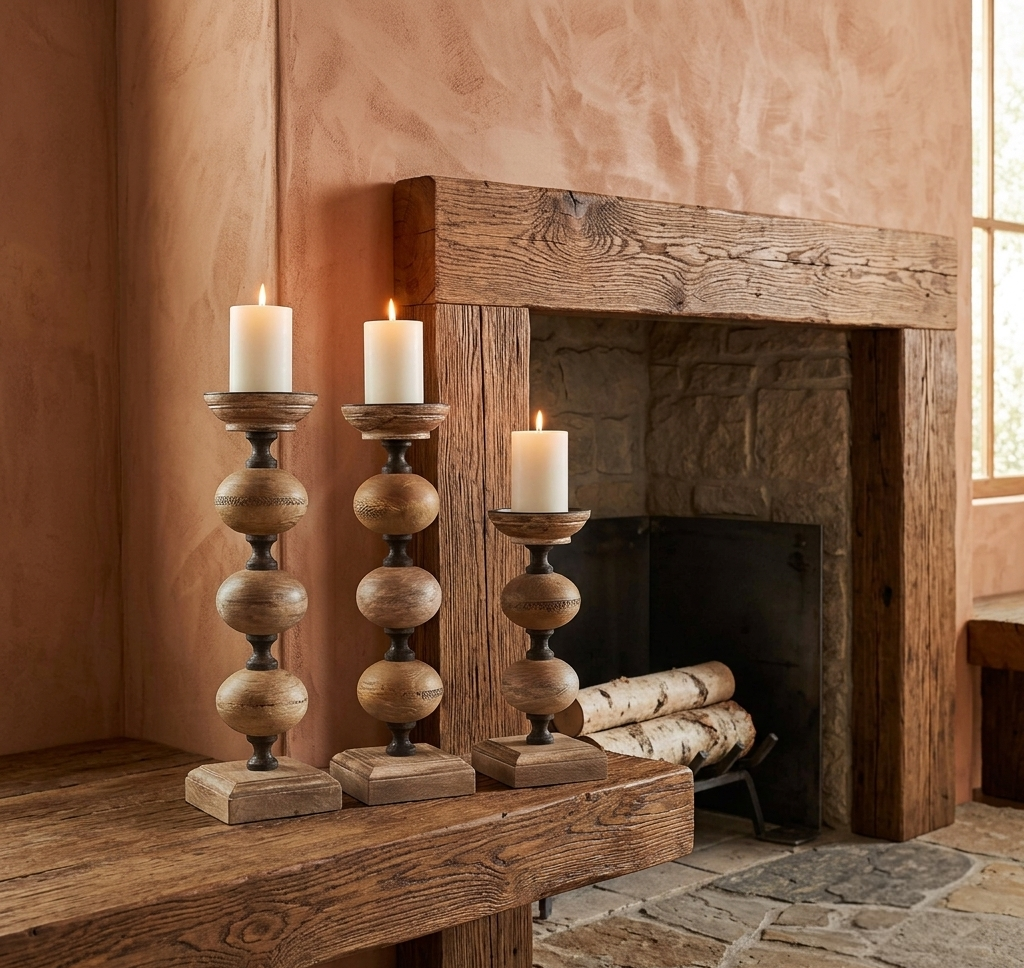 Timber Beaded Pillar Candle Stands